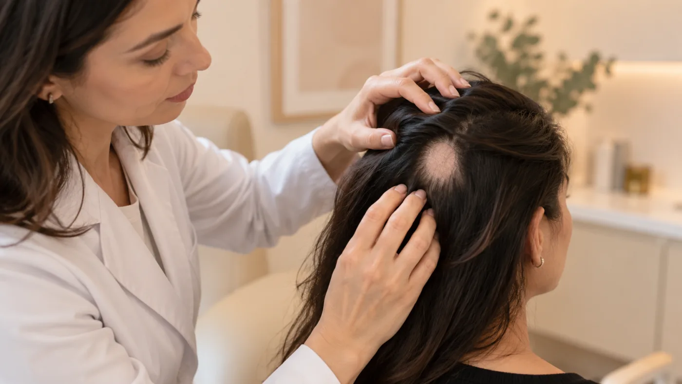 Avaliação dermatológica de uma área de alopecia areata no couro cabeludo