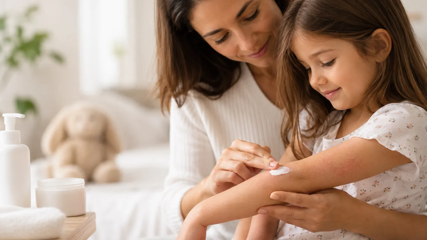 Mãe aplicando hidratante suavemente no braço de uma criança com pele irritada