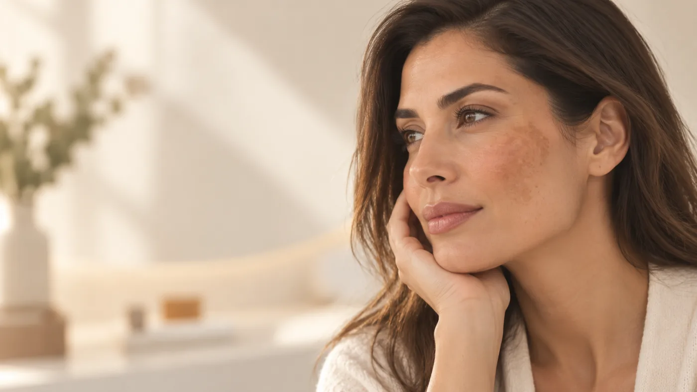 Mulher com manchas faciais compatíveis com melasma em luz natural