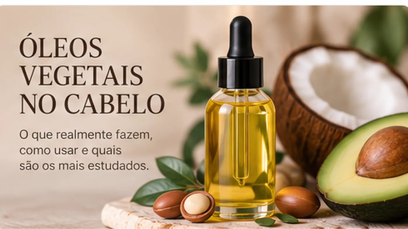 Frasco de óleo vegetal ao lado de coco e abacate, em imagem ilustrativa sobre cuidado capilar
