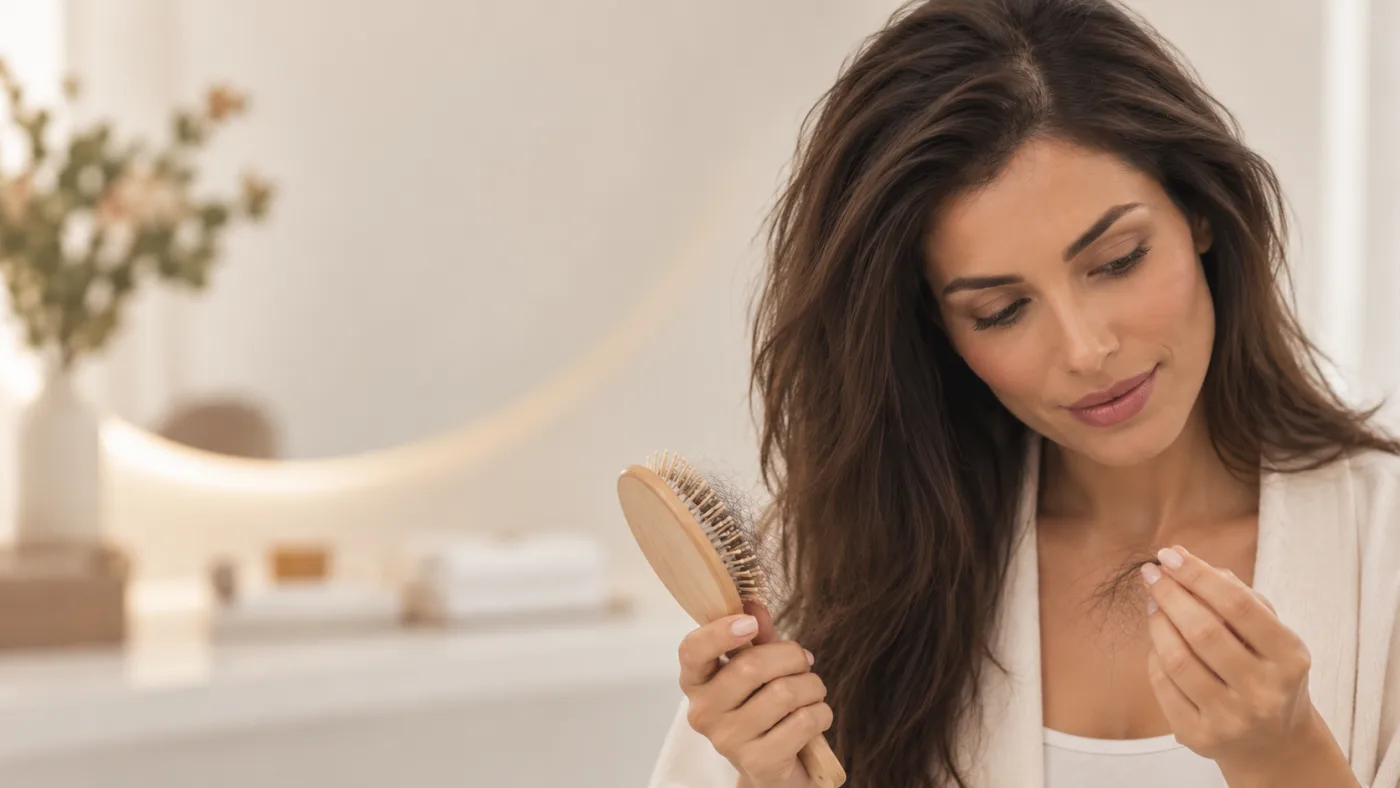 Mulher observando fios de cabelo após escovar