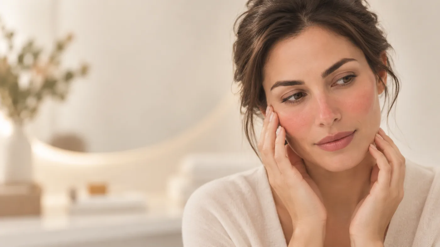 Mulher com vermelhidão facial leve compatível com rosácea