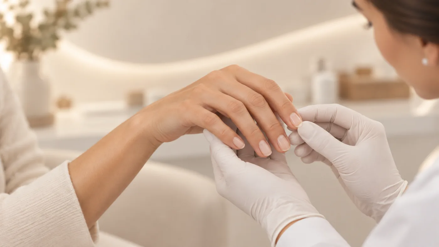 Dermatologista examinando as unhas de uma paciente
