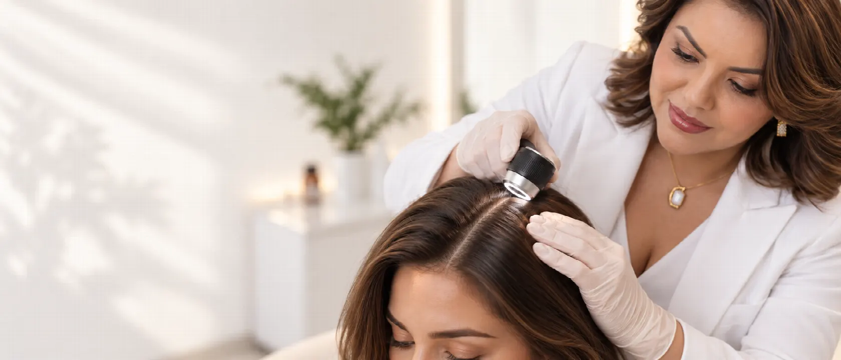 Dra. Mary Salazar em atendimento dermatológico relacionado a Tricoscopia